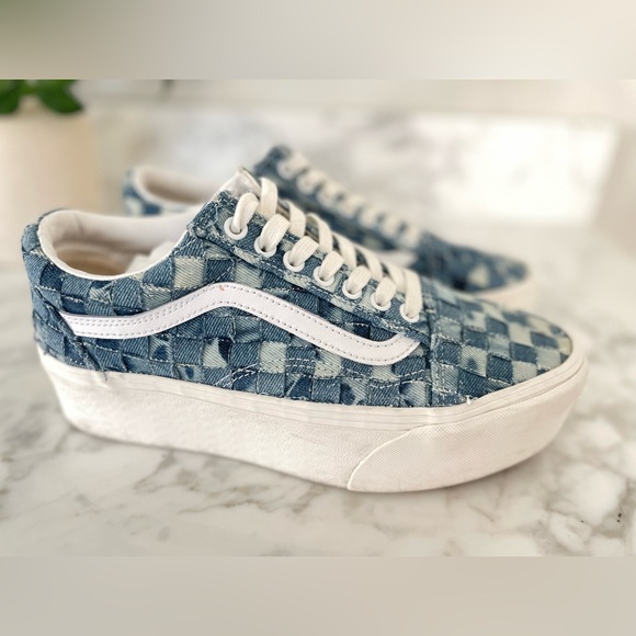Vans Old Skool Stacked Woven Denim Platform Chunky Sneakers Blue Checkered 3D - Picture 2 of 11